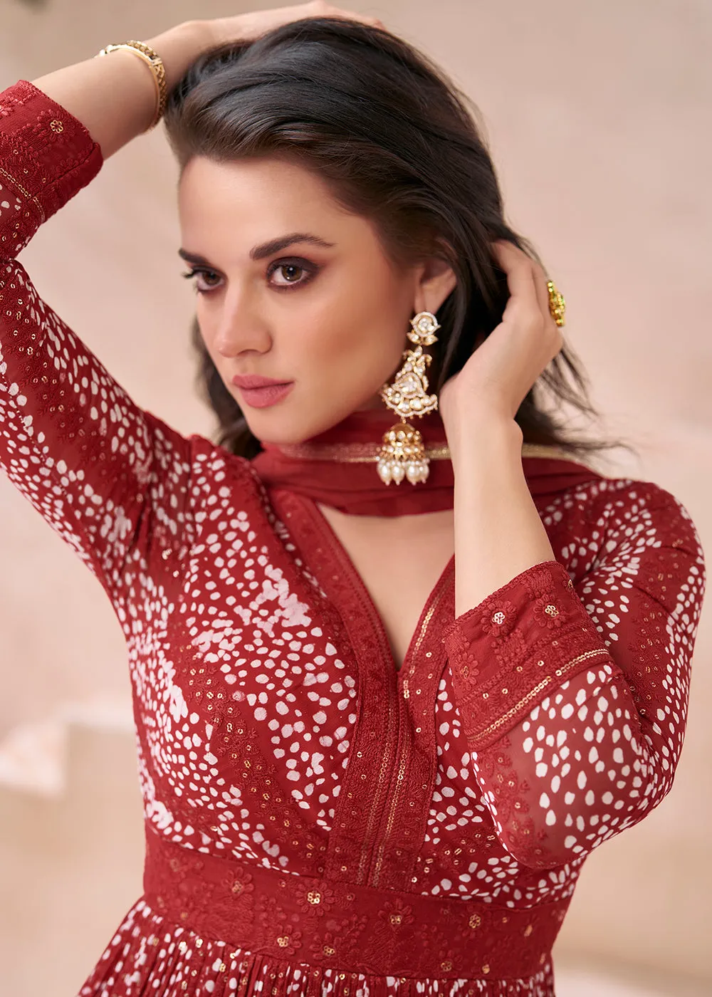 Wedding Red Real Georgette Embroidered Anarkali Gown