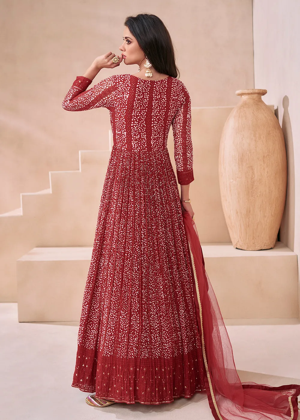 Wedding Red Real Georgette Embroidered Anarkali Gown