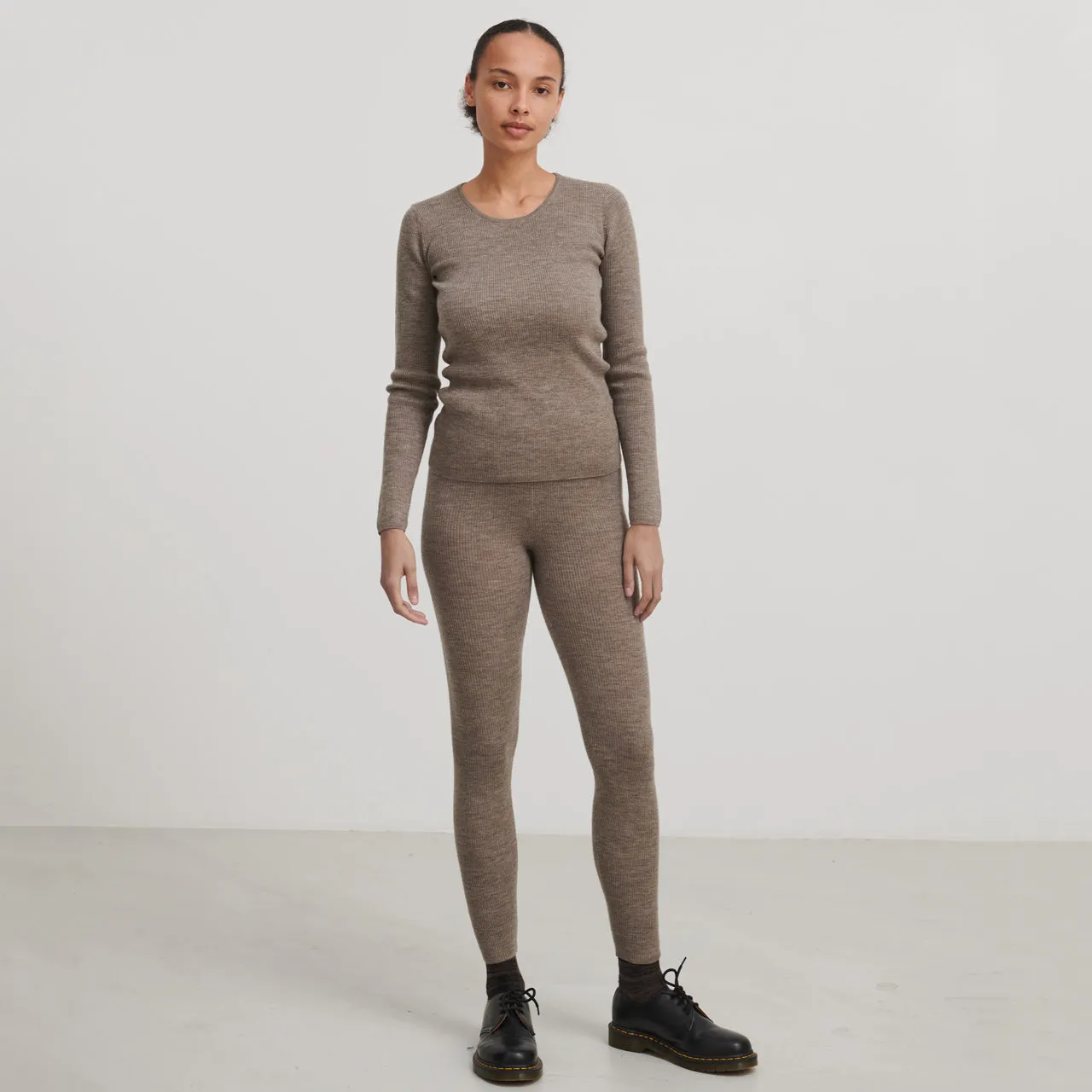 Women's Rib Leggings - 100% Merino - Beige Melange (S, M, L)